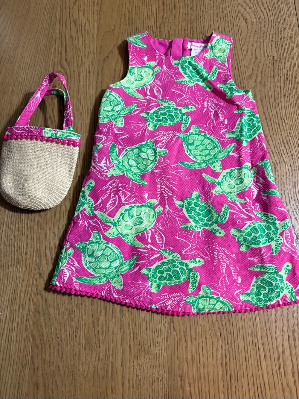 Tommy Bahama Girls Pink Dress with Green Sea Turtle Print and Mini Straw Bag